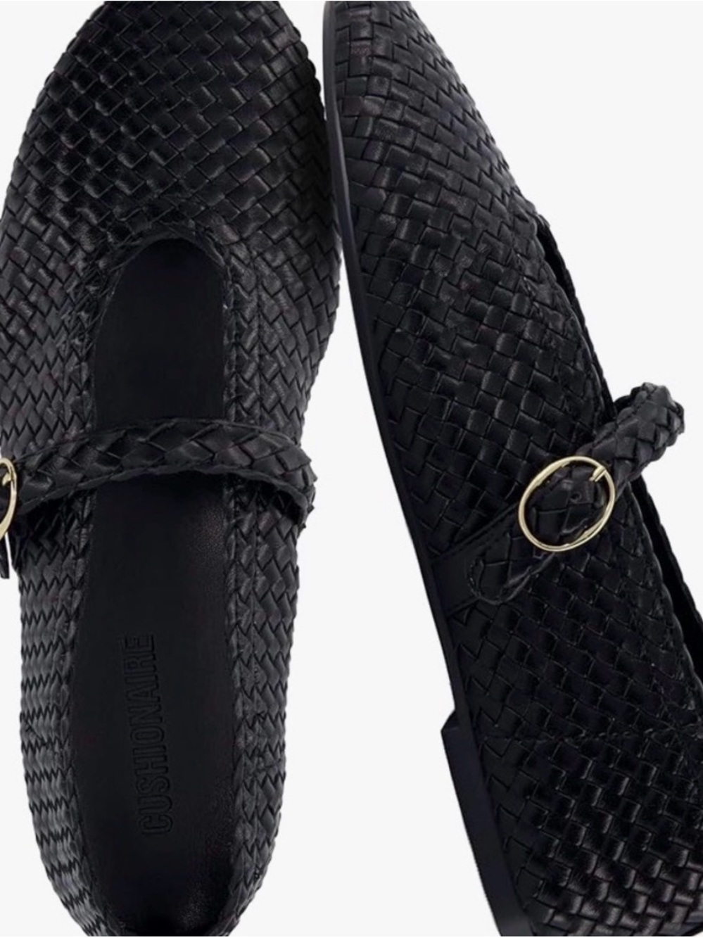 Black Woven Mary Jane Flats with Gold Buckle
